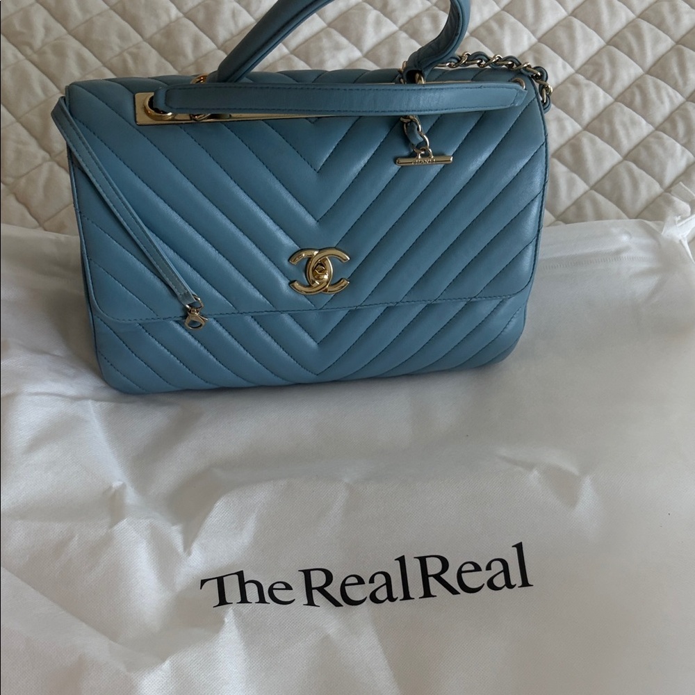 CHANEL Blue Chevron Quilted Top Handle Shoulder Bag with Gold Hardware